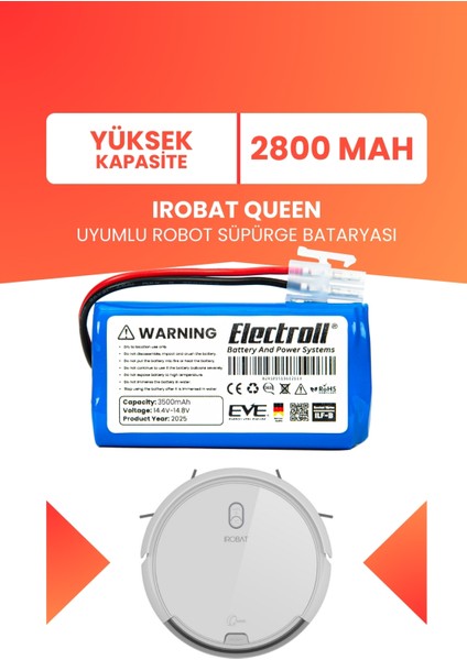 Irobat Queen Uyumlu Batarya (Yüksek Kapasite) 2800MAH Pil Robot Süpürge Batarya Değişimi