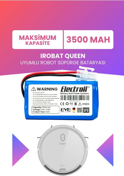 Irobat Queen Uyumlu Batarya (Maksimum Kapasite) 3500MAH Pil Robot Süpürge Batarya Değişimi