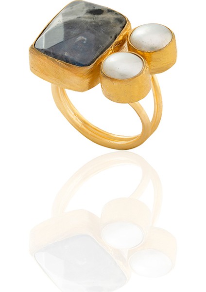 22 Ayar Altın Kaplama Zirkon Taşlı Ayarlanabilir İnci Yüzük