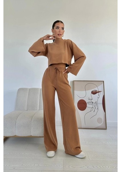 Camel Fitilli Bluz ve Pantolon Takım