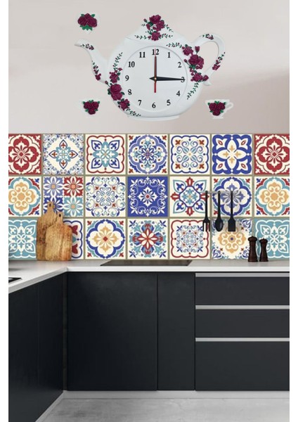 Kırmızı Mutfak Duvar Saati ve Çaydanlık Fincan Takımı, şık ve klasik tasarım