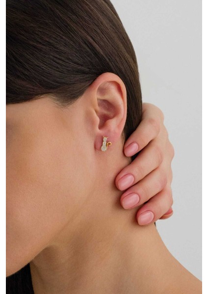 925 Ayar Gümüş Gold Çivili Kedi Küpe