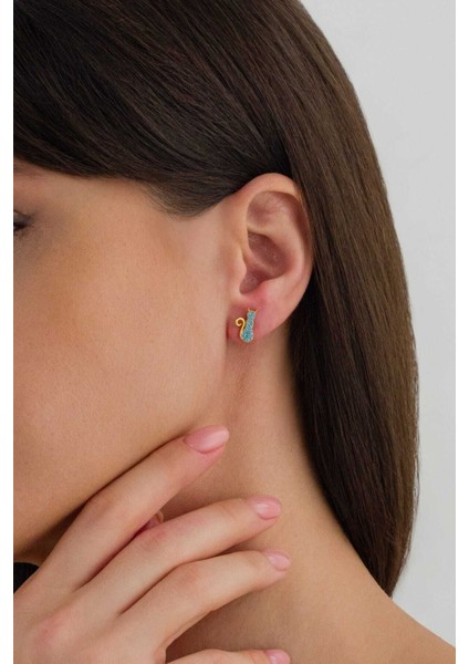 925 Ayar Gümüş Gold Çivili Mavi Taşlı Kedi Küpe