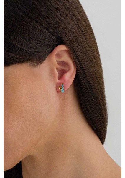 925 Ayar Gümüş Gold Çivili Mavi Taşlı Kedi Küpe fiyatları