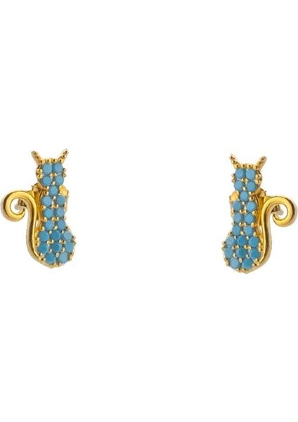 925 Ayar Gümüş Gold Çivili Mavi Taşlı Kedi Küpe fırsatları