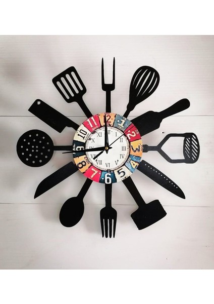Modern siyah asimetrik duvar saati 40x40 cm, şık ve fonksiyonel mutfak dekoru
