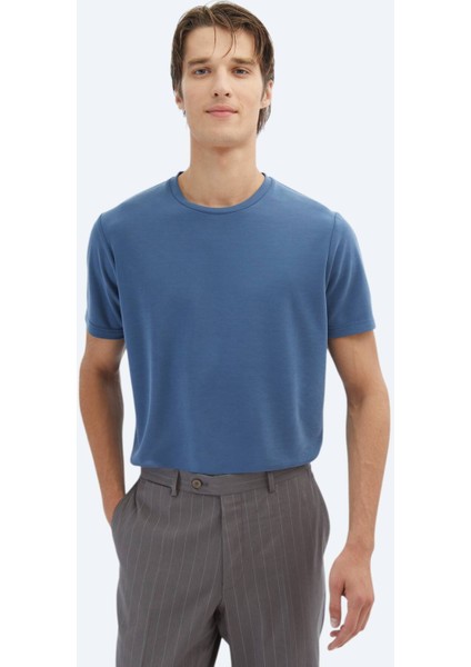 Indigo Düz Bisiklet Yaka T-Shirt