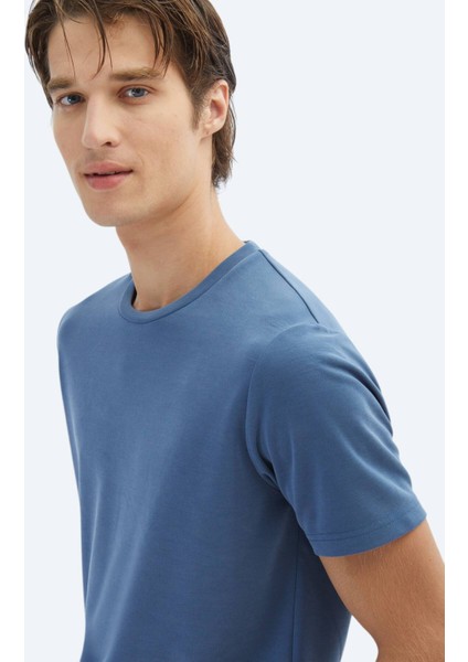 Indigo Düz Bisiklet Yaka T-Shirt