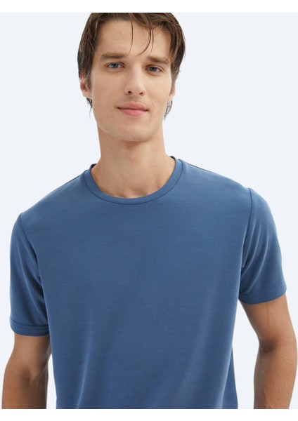 Indigo Düz Bisiklet Yaka T-Shirt
