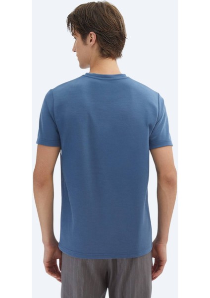 Indigo Düz Bisiklet Yaka T-Shirt