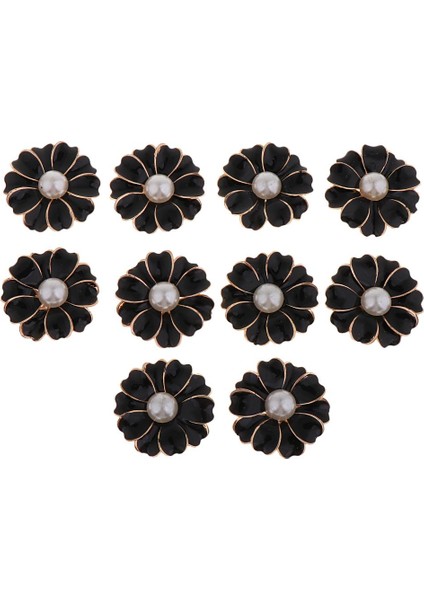 10 Adet Rhinestone Çiçek Düğmesi Kristal Flatback Takı Diy Süsler Siyah + Inci (Yurt Dışından)