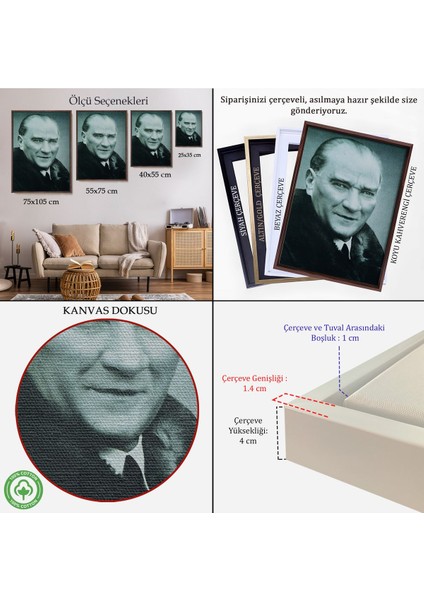 Çerçeveli Atatürk Portre Tablosu Mustafa Kemal Atatürk Dikdörtgen Dekoratif Kanvas Tablo-57