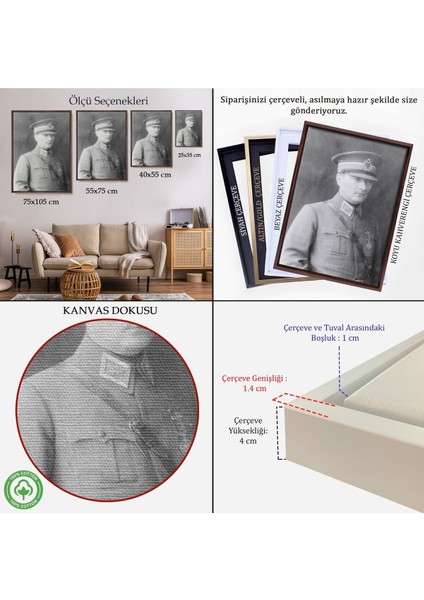 Çerçeveli Atatürk Portre Tablosu Mustafa Kemal Atatürk Dikdörtgen Dekoratif Kanvas Tablo-75