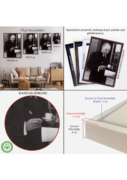 Çerçeveli Atatürk Portre Tablosu Mustafa Kemal Atatürk Dikdörtgen Dekoratif Kanvas TABLO-141
