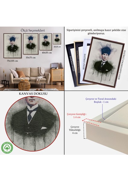 Çerçeveli Atatürk Portre Tablosu Mustafa Kemal Atatürk Dikdörtgen Dekoratif Kanvas Tablo-77