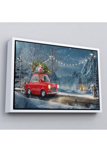 Çerçeveli Noel Baba ve Küçük Kırmızı Retro Arabası Kanvas Duvar TABLOSU-3752