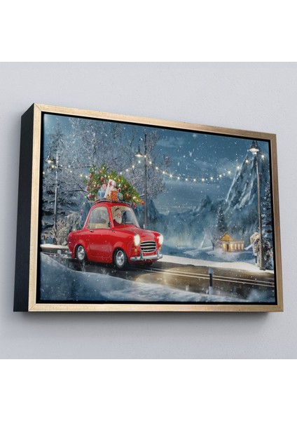 Çerçeveli Noel Baba ve Küçük Kırmızı Retro Arabası Kanvas Duvar TABLOSU-3752