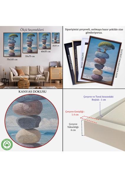 Çerçeveli Sahilde Renkli Denge Taşları Kanvas Tablo, Terapi, Meditasyon, Yoga BASKISI-5322