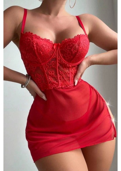 Modlive Kırmızı Özel Tasarım Zicir Aksesuarlı Gecelik 15576