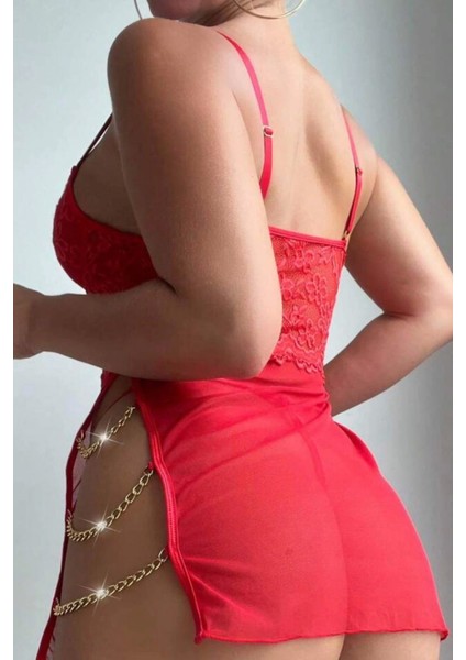 Modlive Kırmızı Özel Tasarım Zicir Aksesuarlı Gecelik 15576 fiyatları