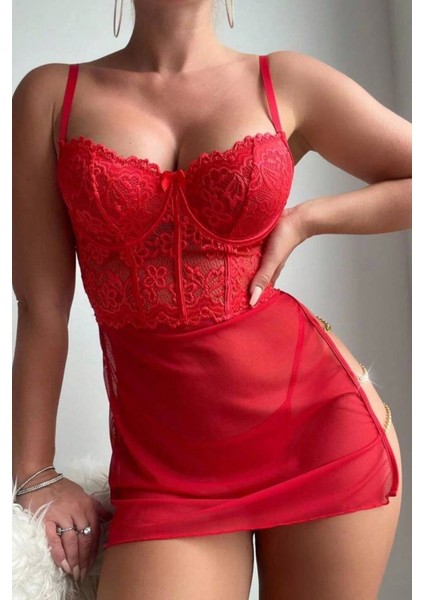 Modlive Kırmızı Özel Tasarım Zicir Aksesuarlı Gecelik 15576 modelleri
