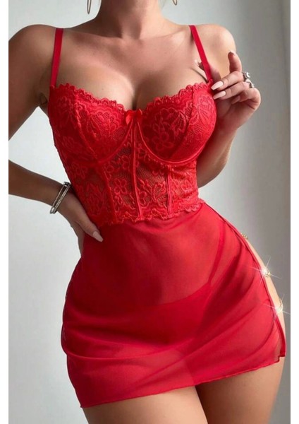 Modlive Kırmızı Özel Tasarım Zicir Aksesuarlı Gecelik 15576 fırsatları