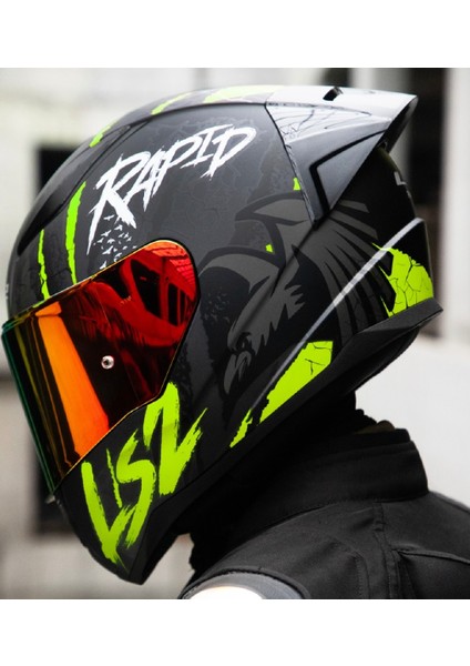 Rapıd 2 Race Raven Mat Neon Sarı Kapalı Motosiklet Kaskı Kırmızı Camlı