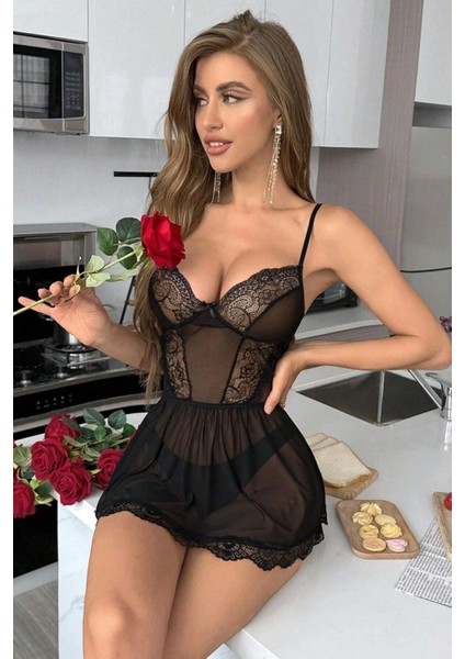 Modlive Siyah Dantel Detaylı Transparan Gecelik 15732