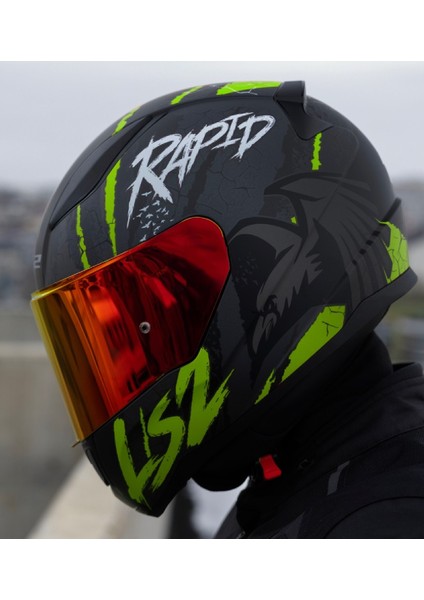 Rapıd 2 Raven Mat Neon Sarı Kapalı Motosiklet Kaskı Kırmızı Camlı