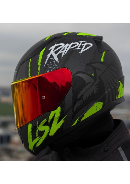 Rapıd 2 Raven Mat Neon Sarı Kapalı Motosiklet Kaskı Kırmızı Camlı