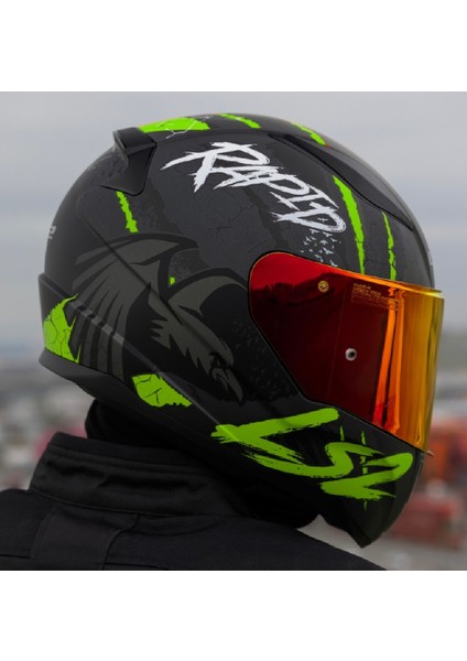 Rapıd 2 Raven Mat Neon Sarı Kapalı Motosiklet Kaskı Kırmızı Camlı