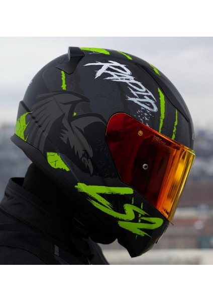 Rapıd 2 Raven Mat Neon Sarı Kapalı Motosiklet Kaskı Kırmızı Camlı