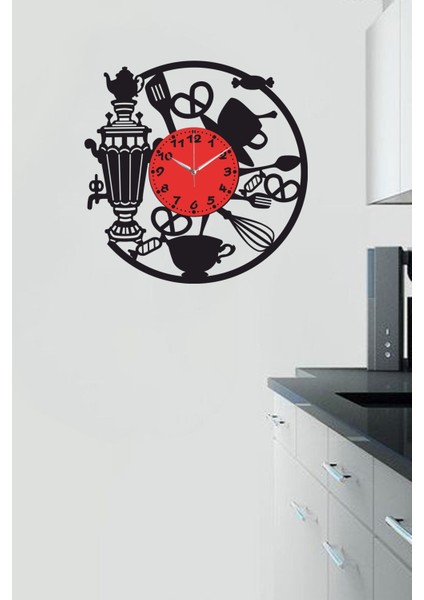 Modern ahşap mutfak duvar saati, siyah kırmızı renk, 40x40 cm boyut