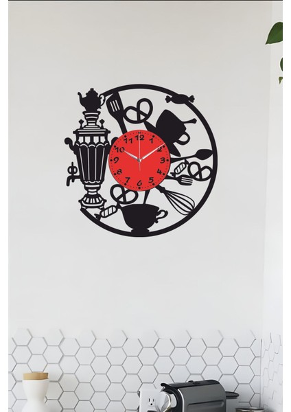 Modern ahşap mutfak duvar saati, siyah kırmızı renk, 40x40 cm boyut fiyatları