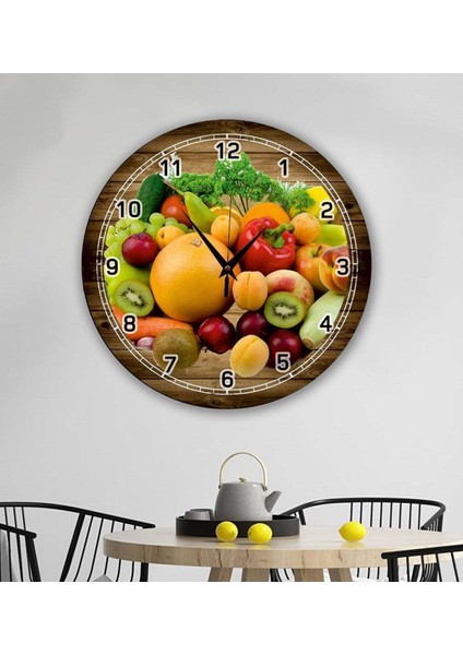 Renkli Meyveli Retro Duvar Saati 35x35 cm, mutfak dekoru için şık seçim