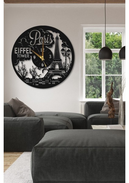 Siyah Ahşap Eiffel Kule Duvar Saati, Yuvarlak, 45x45cm, Salon ve Ofis Dekoru