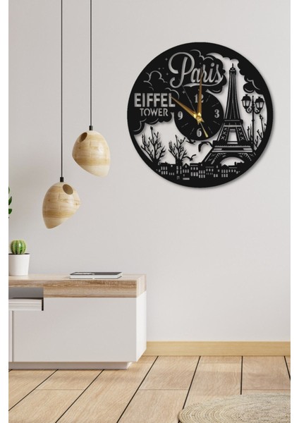 Siyah Ahşap Eiffel Kule Duvar Saati, Yuvarlak, 45x45cm, Salon ve Ofis Dekoru fiyatları