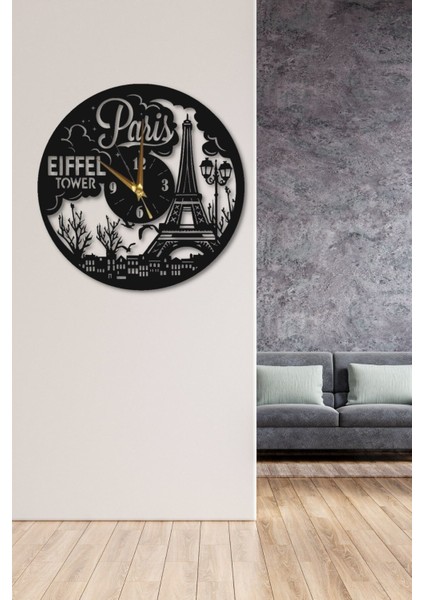 Siyah Ahşap Eiffel Kule Duvar Saati, Yuvarlak, 45x45cm, Salon ve Ofis Dekoru modelleri