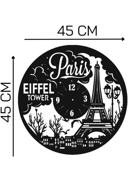Siyah Ahşap Eiffel Kule Duvar Saati, Yuvarlak, 45x45cm, Salon ve Ofis Dekoru fırsatları