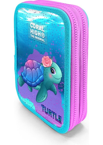 Kids Açık Pembe Mavi Kaplumbağa Desenli Çift Katlı Kalem Çanta 11134 fiyatları