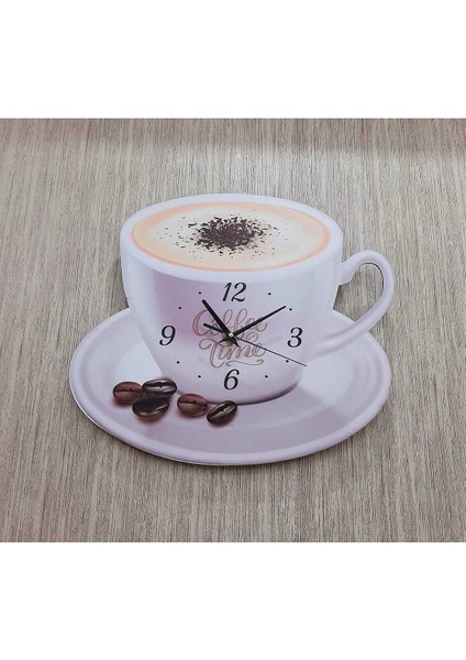 Renkli kahve fincanlı klasik duvar saati, 45x30 cm, UV baskı, kahverengi tonlarda