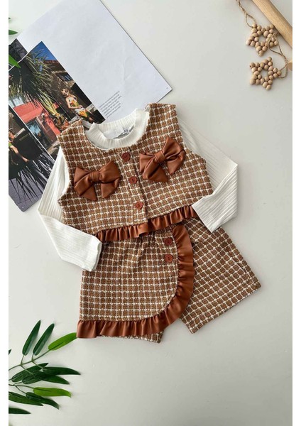 Deri Fiyonk Detaylı Chanel Kumaş Şort Etekli 3 lü takım - Kahverengi