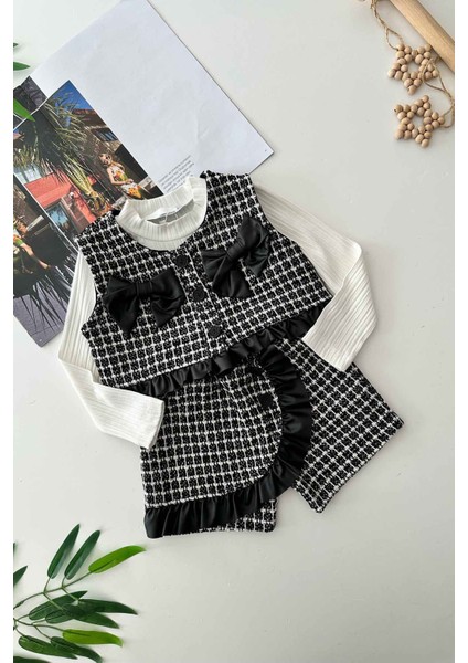 Deri Fiyonk Detaylı Chanel Kumaş Şort Etekli 3 lü takım - Siyah