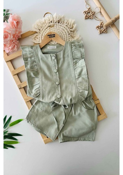 Fırfır Detaylı Şort Etekli Kız Çocuk 2 li takım - Yeşil