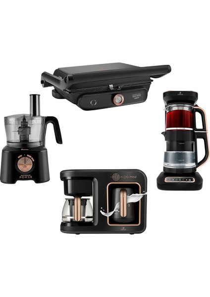 Gurme Luxury 3.0 Elektrikli Evlilik Paketi Tost, Kahve, Çay Makinesi ve Mutfak Robotu Black Copper