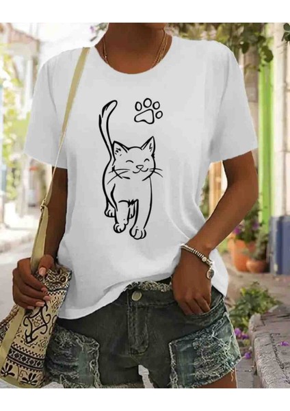 Smile Cat Baskılı Oversize Tshirt