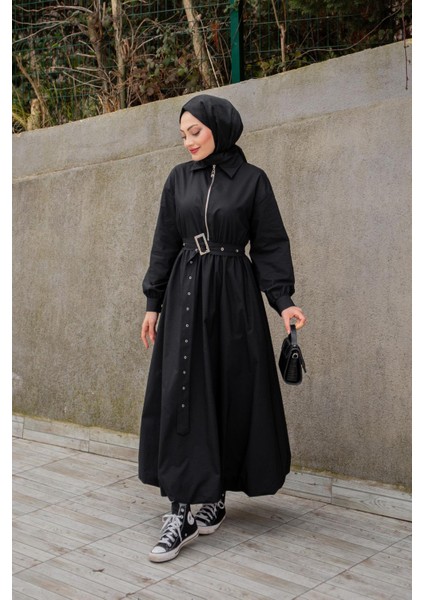 Balon Tasarım Poplin Elbise-Siyah