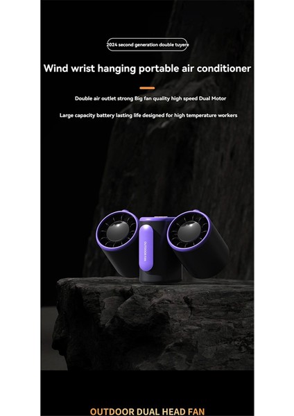 Turbo Jet Fan Çift Başlı Bel Üstü Fan Işıklı Power Bank Açık Hava Kamp Seyahat Çalışma, Gri ve Mor (Yurt Dışından)