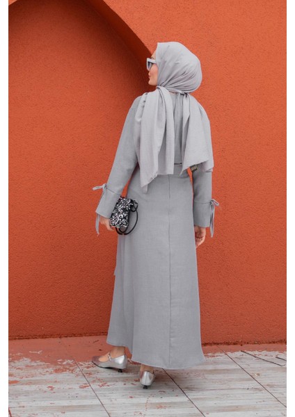 Anvelop Bağlamalı Etek Bluz Takım-Gri fırsatları