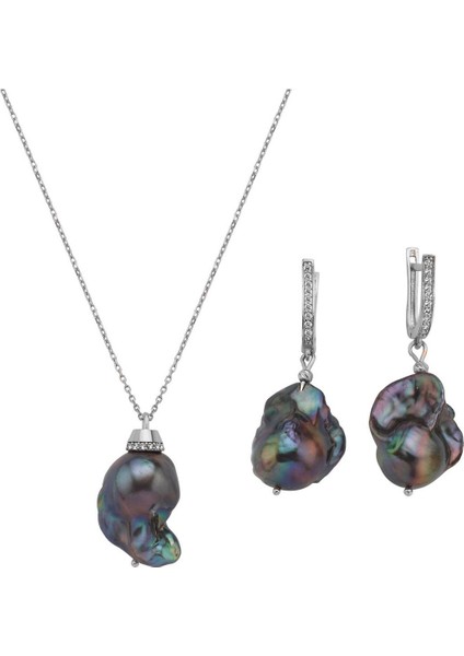 925 Ayar Gümüş Siyah Barok İnci Kolye Küpe İkili Set